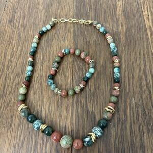 Vintage Earth Tones Gemstone Necklace And Bracelet Set